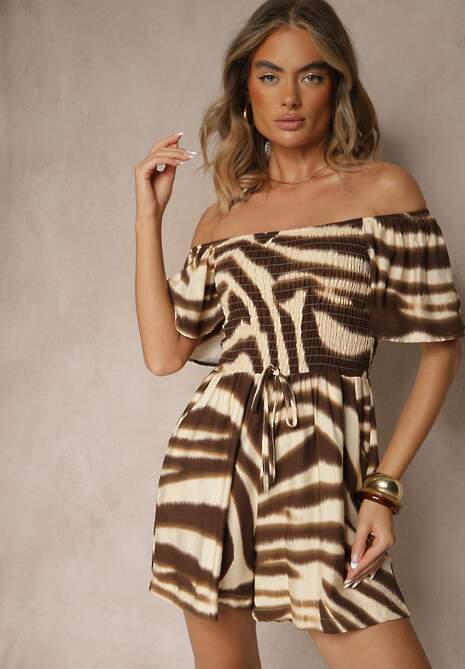 Brązowy Kombinezon z Wiskozy w Abstrakcyjny Wzór Filisena