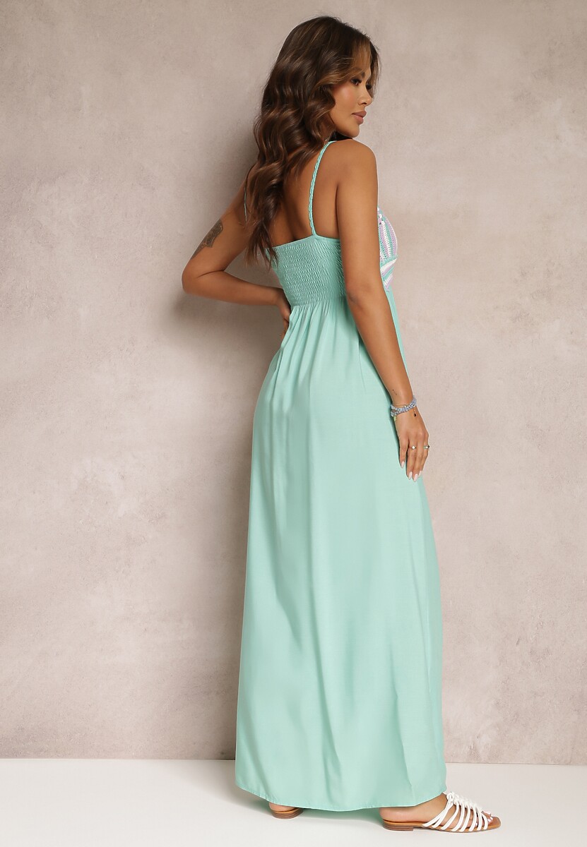 Miętowa Bawełniana Sukienka Maxi z Szydełkową Górą i Gumkami na Plecach Jennesia