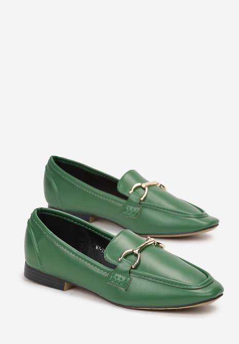 Zielone Klasyczne Mokasyny z Kwadratowym Noskiem na Płaskim Obcasie Ozdobione Klamrą Aldreda
