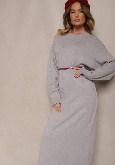 Szara Pudełkowa Sukienka z Dzianiny z Wiskozą Maziala