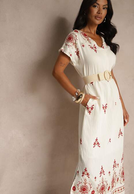 Biało-Czerwona Sukienka z Wiskozy ze Wzorem w Stylu Etno Meluriela