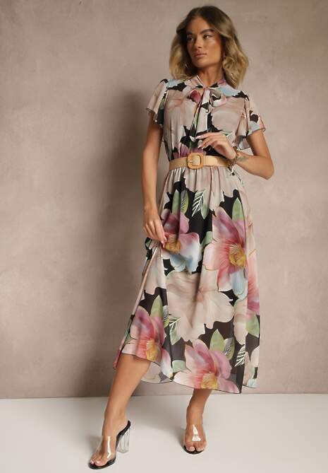 Czarna Rozkloszowana Sukienka Zdobiona Wiązaniem i Paskiem z Klamrą Sorisse