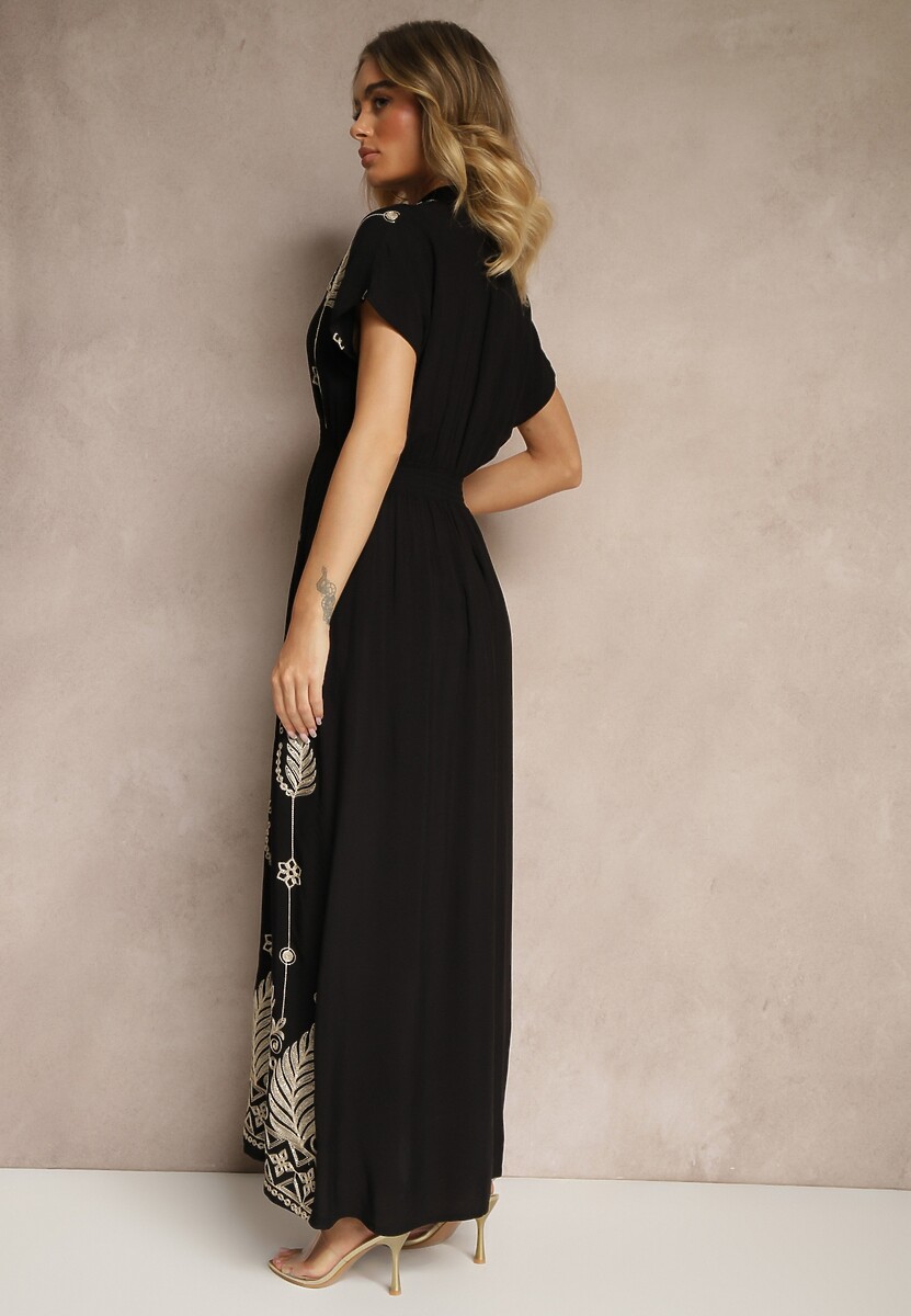 Czarna Sukienka Koszulowa z Bawełną i Metaliczną Nicią Ullio