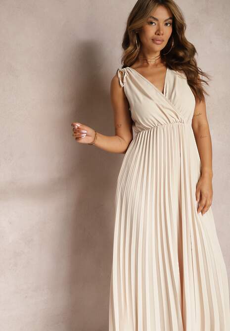 Beżowa Rozkloszowana Sukienka Plisowana z Wiskozą i Bawełną Wykończona Gumką w Talii Yefia