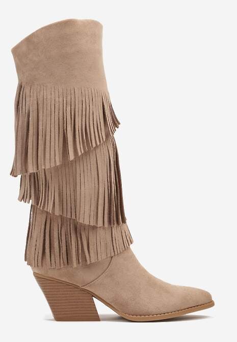 Ciemnobeżowe Kozaki Kowbojki na Stożku Ozdobione Frędzlami Giolanda