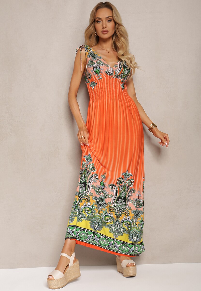 Pomarańczowa Rozkloszowana Sukienka z Trójkątnym Dekoltem i Ściągaczami w Ramionach Aneapmia