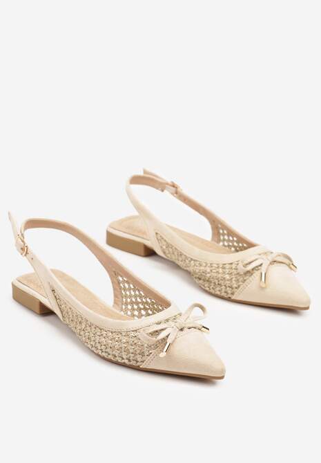 Beżowe Sandały Balerinki z Plecionki ze Szpiczastym Noskiem i Kokardką Leawenne
