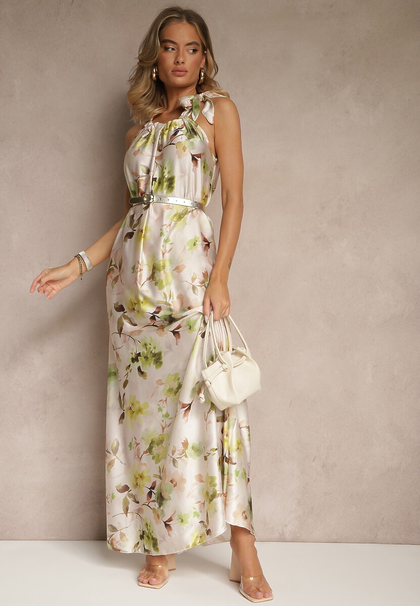 Zielona Sukienka z Satyny w Kwiatowy Wzór Fenimea