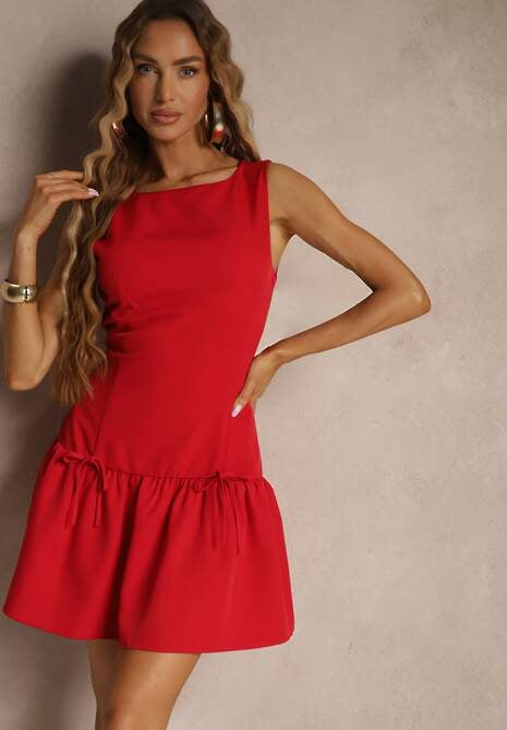 Czerwona Sukienka Vices Drop Waist Bez Rękawów z Kokardkami i Falbanką Follena