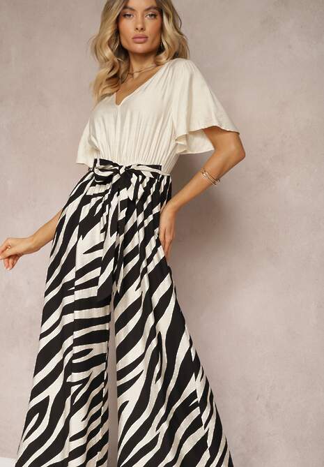 Czarno-Biały Kombinezon z Materiałowym Paskiem i Szerokimi Rękawami Nellda