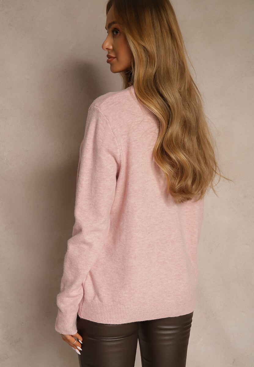 Jasnoróżowy Klasyczny Sweter z Wełną i Bawełną Bez Zdobień Neandia