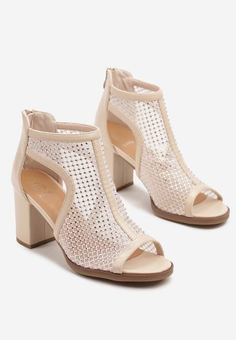 Beżowe Botki Sandały z Siateczkową Błyszczącą Cholewką Nolmio