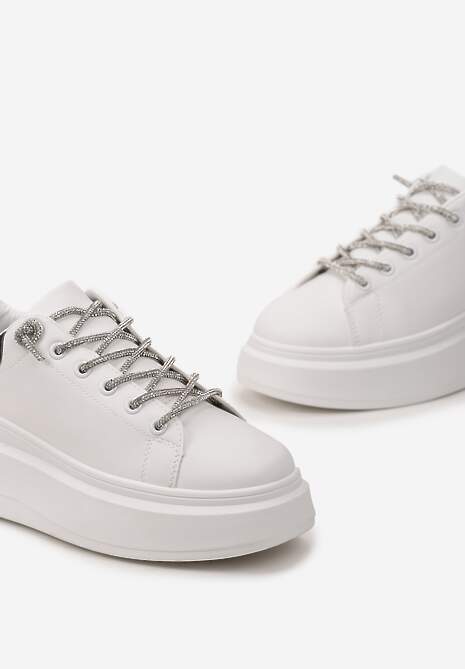 Biało-Czarne Sneakersy z Cyrkoniami na Sznurowadłach i Brokatem Terisla