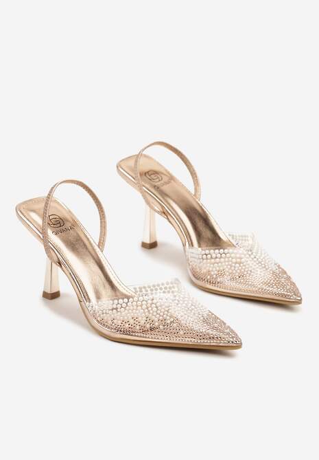Szampańskie Sandały Szpilki z Transparentnym Noskiem w Szpic z Cyrkoniami Nimilune