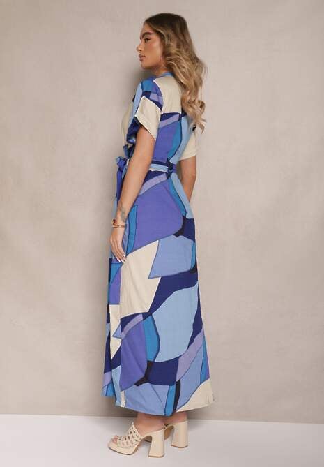 Niebieska Wiskozowa Sukienka Koszulowa z Paskiem w Geometryczny Print Falintia