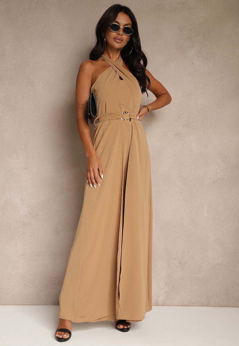 Ciemnobeżowy Kombinezon Koktajlowy Ozdobiony Paskiem z Metaliczną Klamrą Zermira