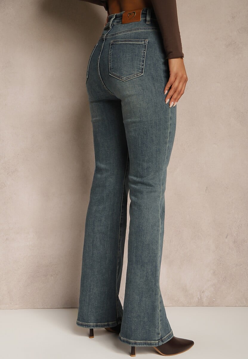 Niebieskie Jeansy High Waist o Kroju Dzwonów Feseara