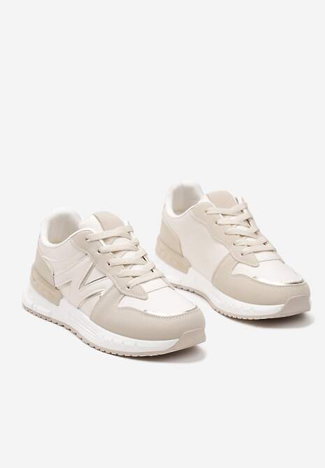 Beżowe Płaskie Sneakersy ze Sznurowaniem z Metalicznymi Wstawkami Remarie