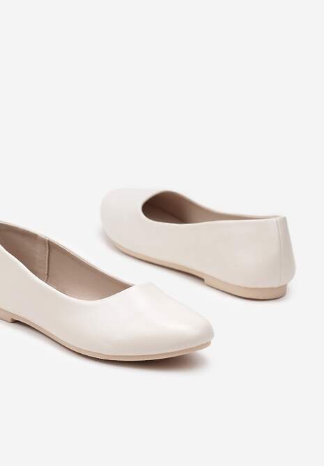 Beżowe Płaskie Balerinki z Imitacji Skóry Wsuwane z Okrągłym Noskiem  Jemenna