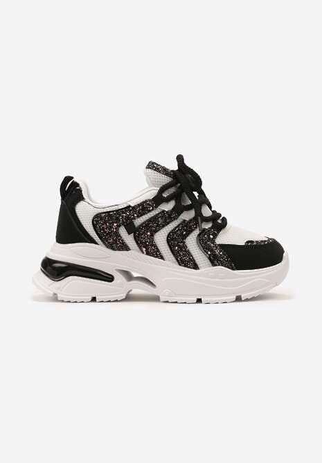 Czarno-Białe Sneakersy na Tłoczonej Platformie z Brokatowymi Wstawkami Nalu