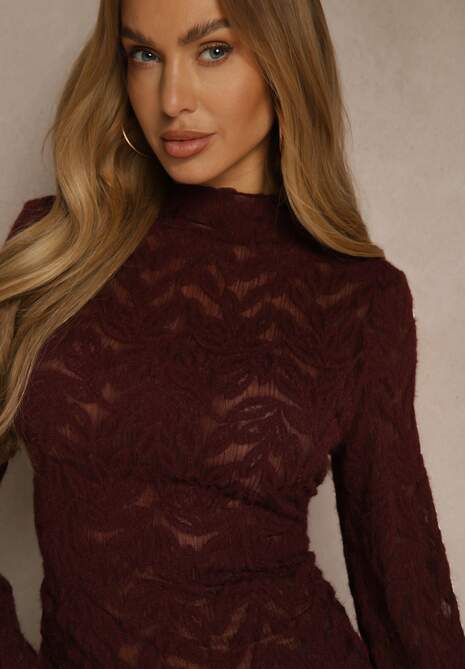 Bordowa Bluzka z Koronki ze Stójką i Falbankami przy Rękawach Nemira