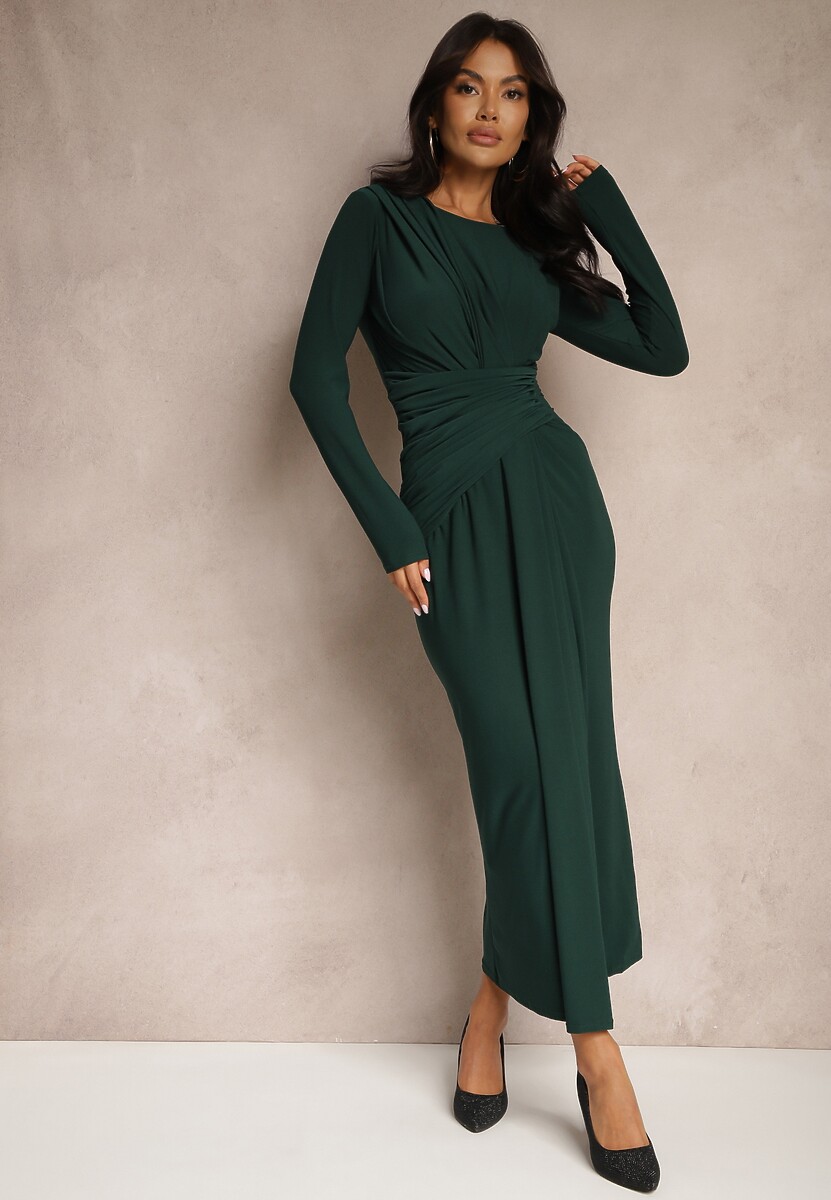 Czarna Marszczona Sukienka o Dopasowanym Kroju z Długim Rękawem i Trenem Sennariel