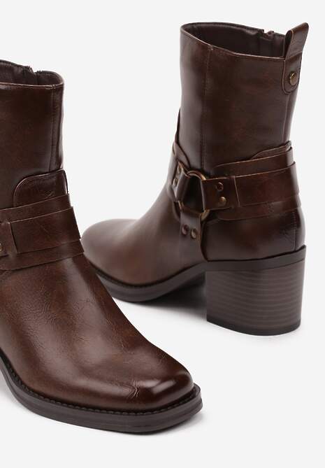 Ciemnobrązowe Botki na Słupku w Stylu Kowbojek z Klamrami Irivaria