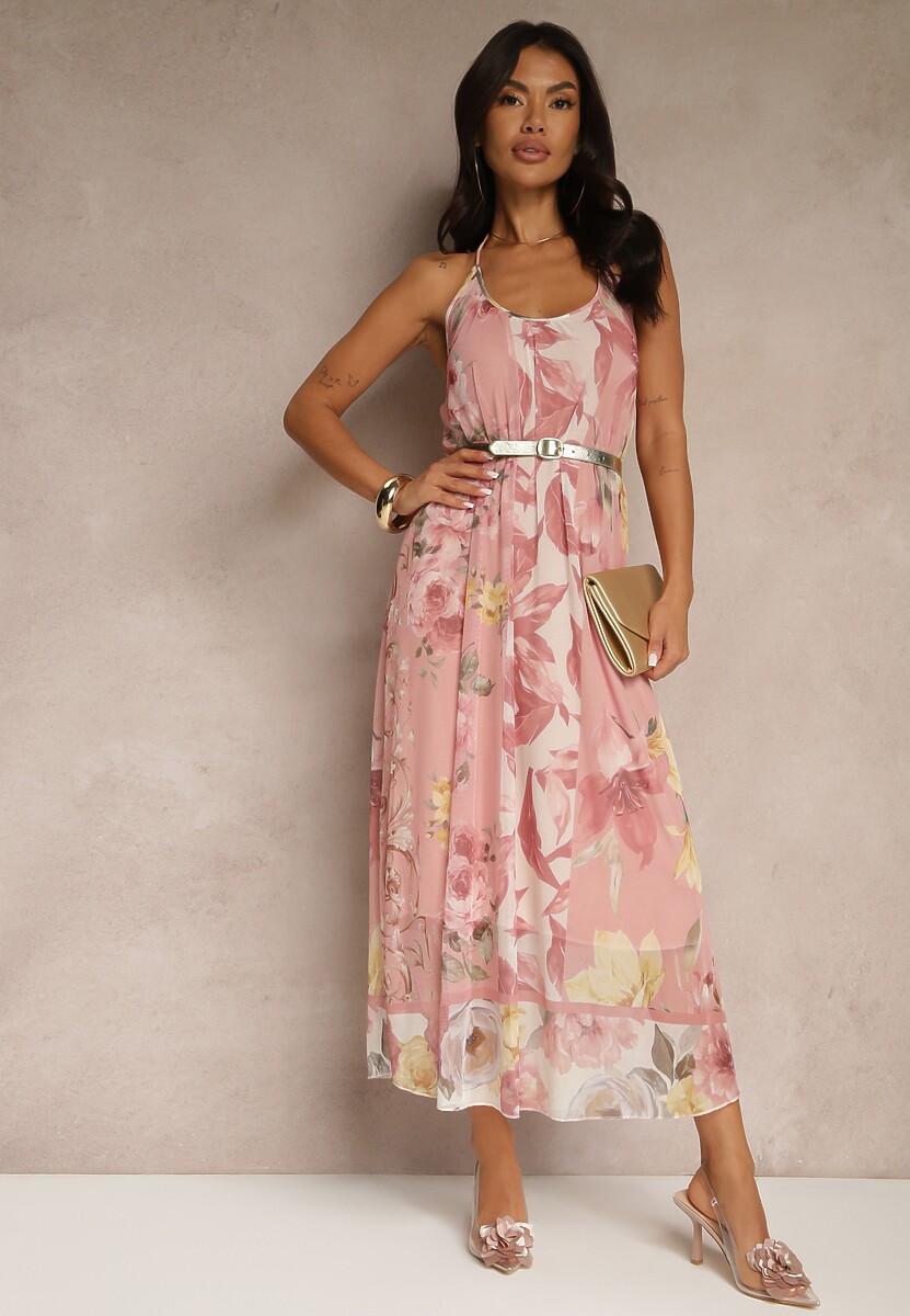 Różowa Kwiatowa Sukienka Siateczkowa z Wiskozą Izurelia