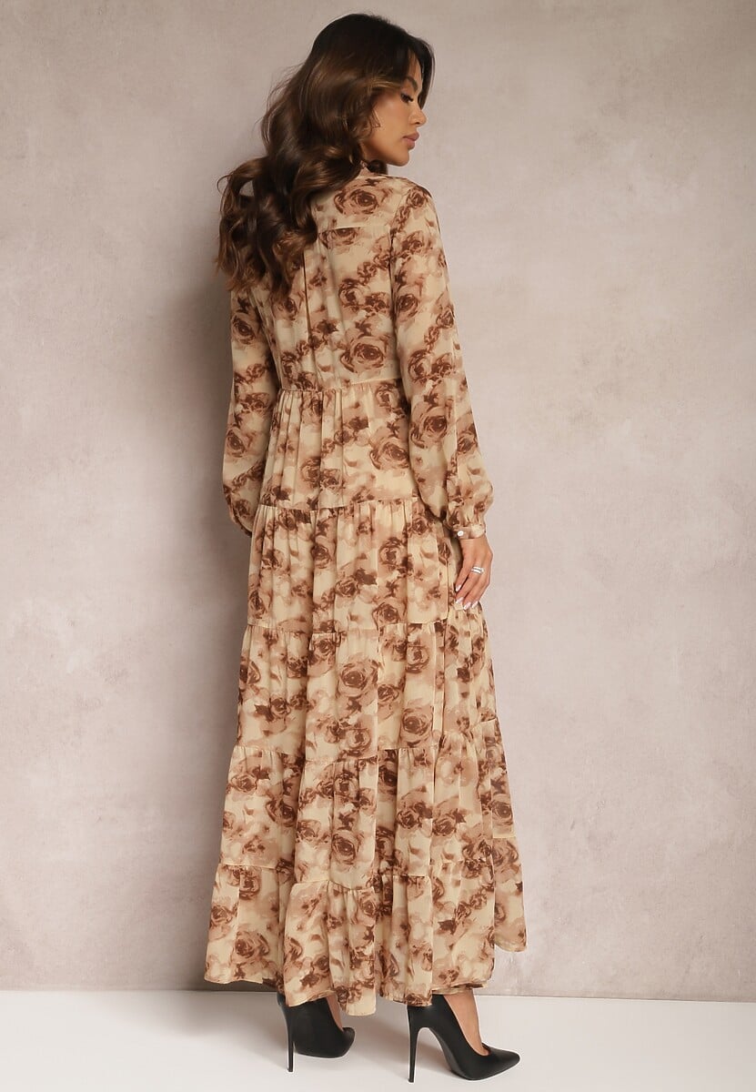 Beżowa Rozkloszowana Sukienka Koszulowa Maxi w Kwiaty Nersa