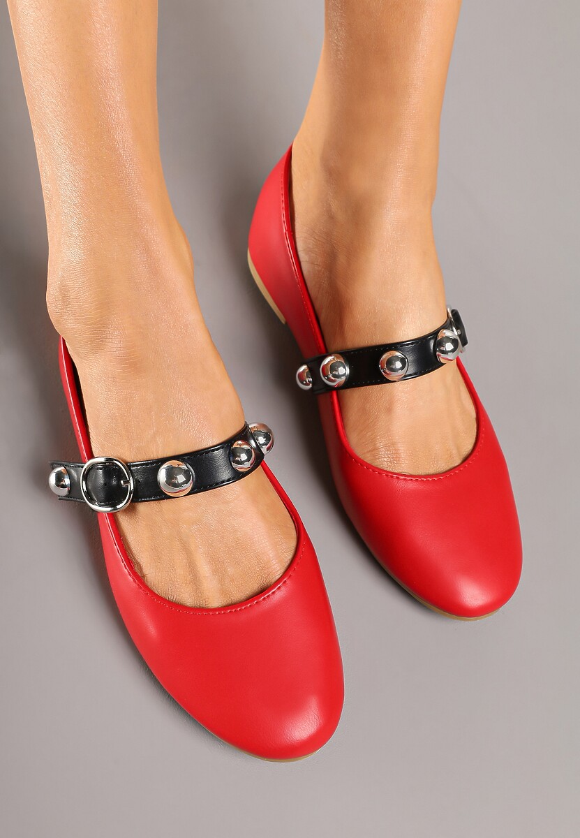 Czerwone Balerinki z Paskiem ze Sprzączką Xinnalia