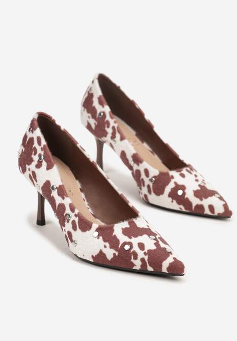 Brązowe Czółenka Vices  w Krowie Łaty na Szpilce z Wkładką ze Skóry Naturalnej z Klamrą i Ćwiekami Riloria Viralowe