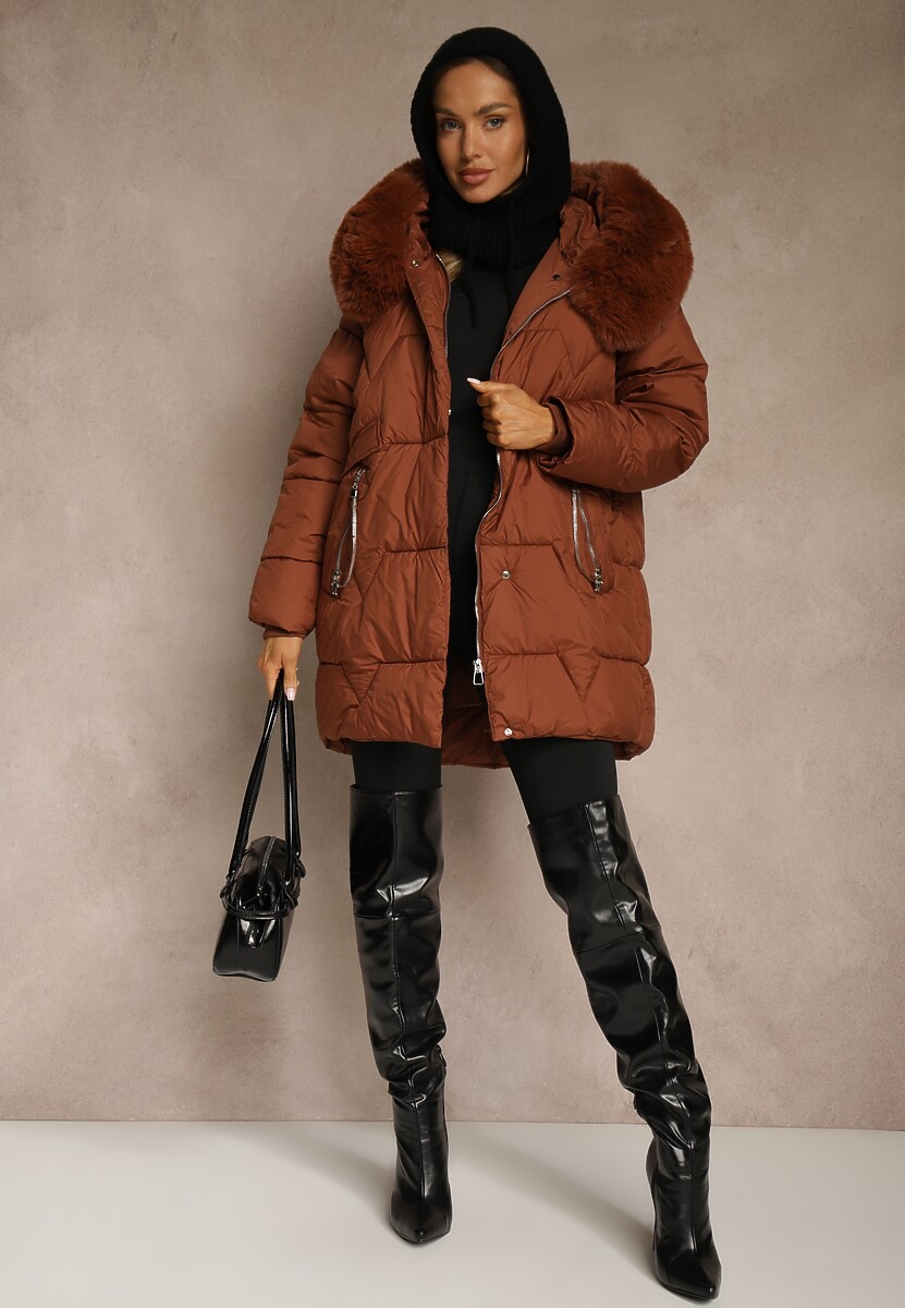 Brązowa Pudełkowa Kurtka Pikowana Ozdobiona Odpinanym Futerkiem i Suwakiem Hedizelle