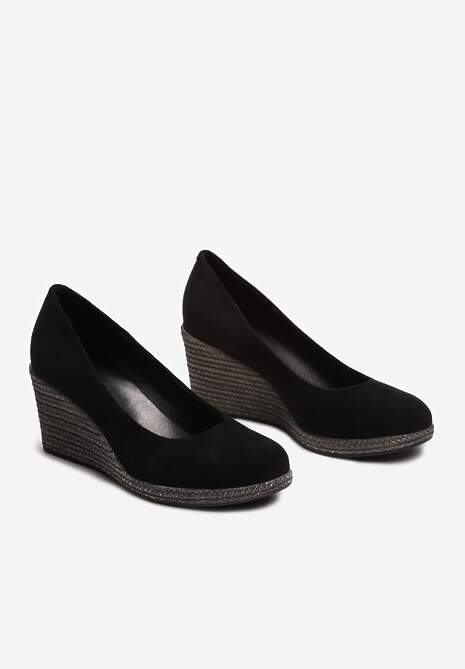 Czarne Czółenka Vices na Koturnie z Błyszczącej Plecionki ze Skórzaną Wkładką Utruste