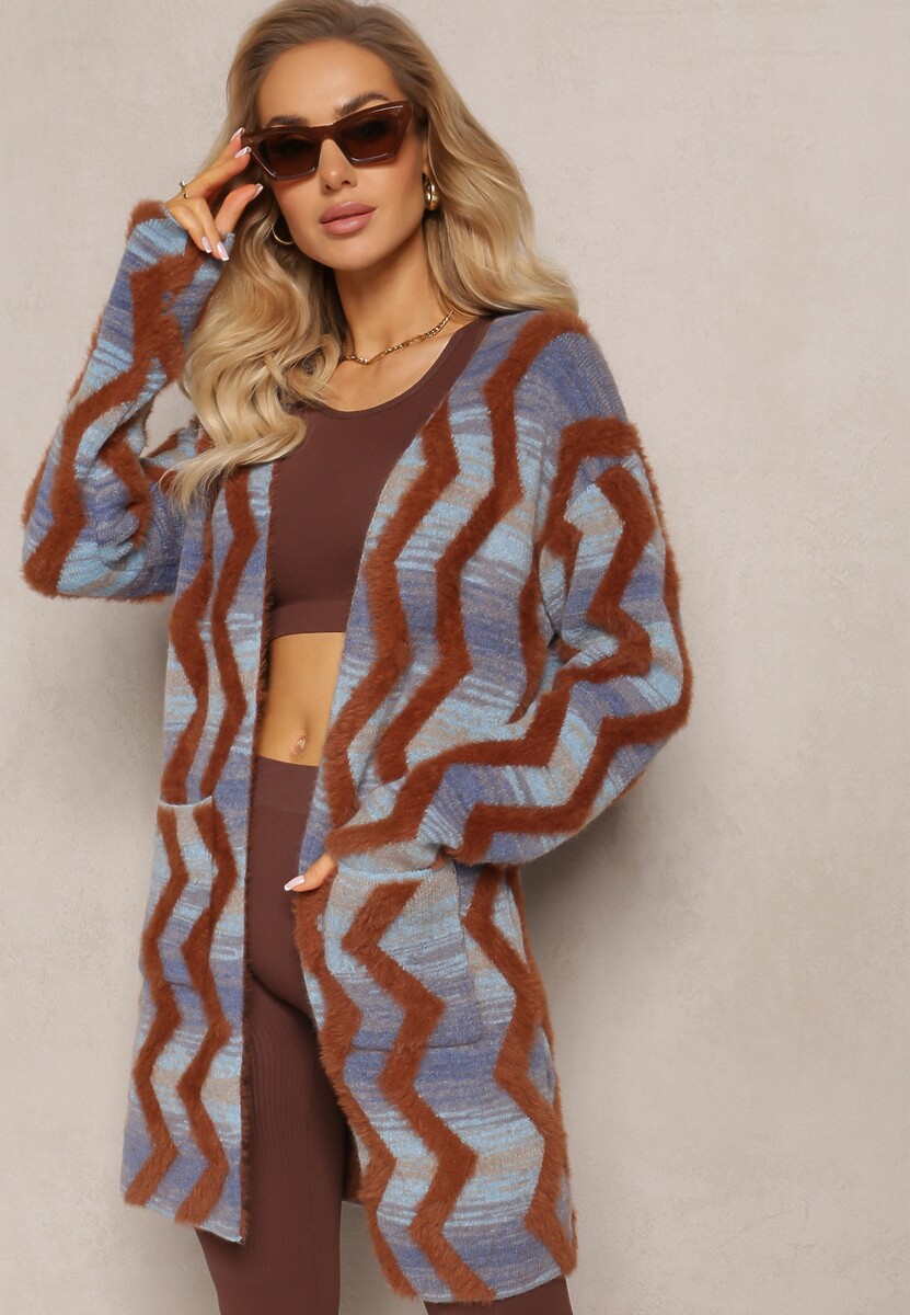 Niebiesko-Brązowy Luźny Kardigan Niezapinany w Geometryczny Print Sheshy