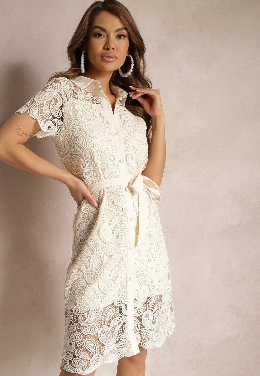 Beżowa Koszulowa Sukienka z Koronką Wiązana w Talii Daphnora