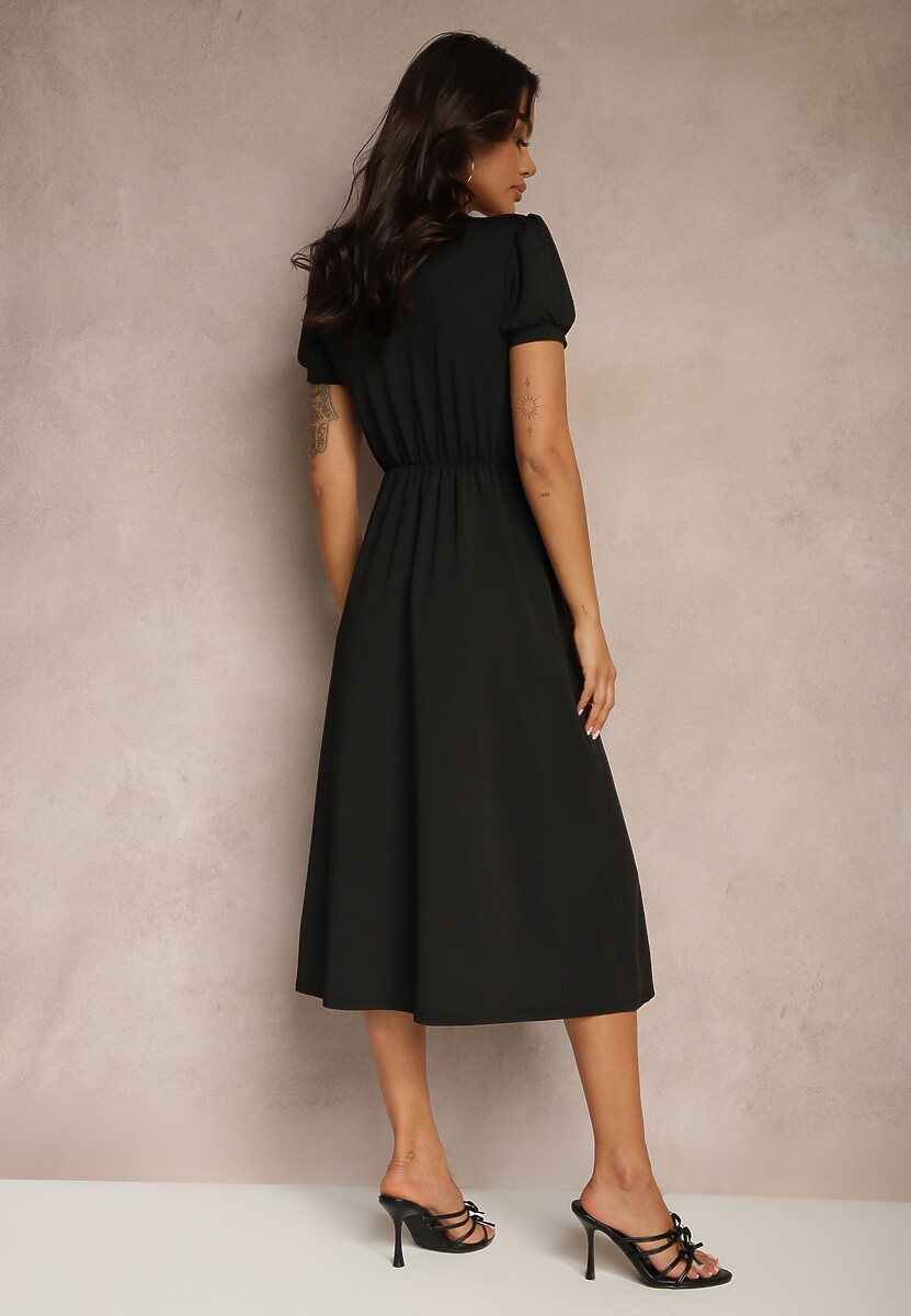 Czarna Rozkloszowana Sukienka z Wiskozą Koktajlowa z Poduszkami w Ramionach Mimiza