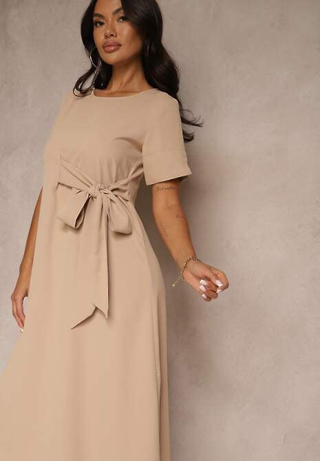 Beżowa Rozkloszowana Sukienka Vices Zdobiona Wiązaniem Folarenne