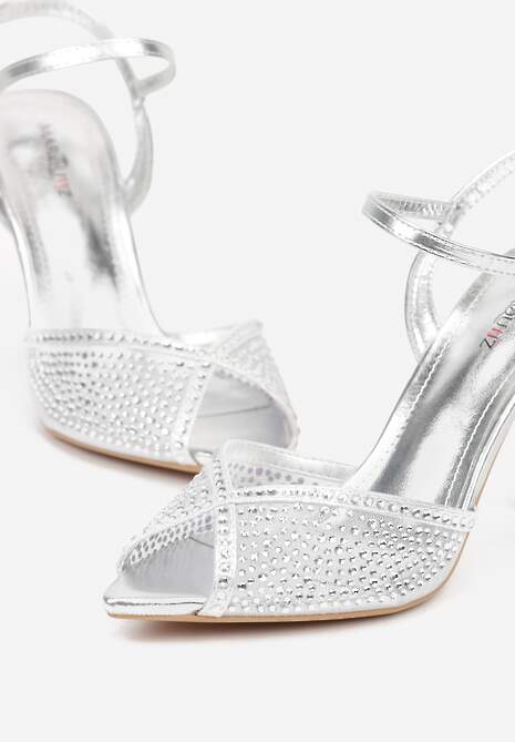 Srebrne Eleganckie Sandały na Szpilce Ozdobione Cyrkoniami  Viofera