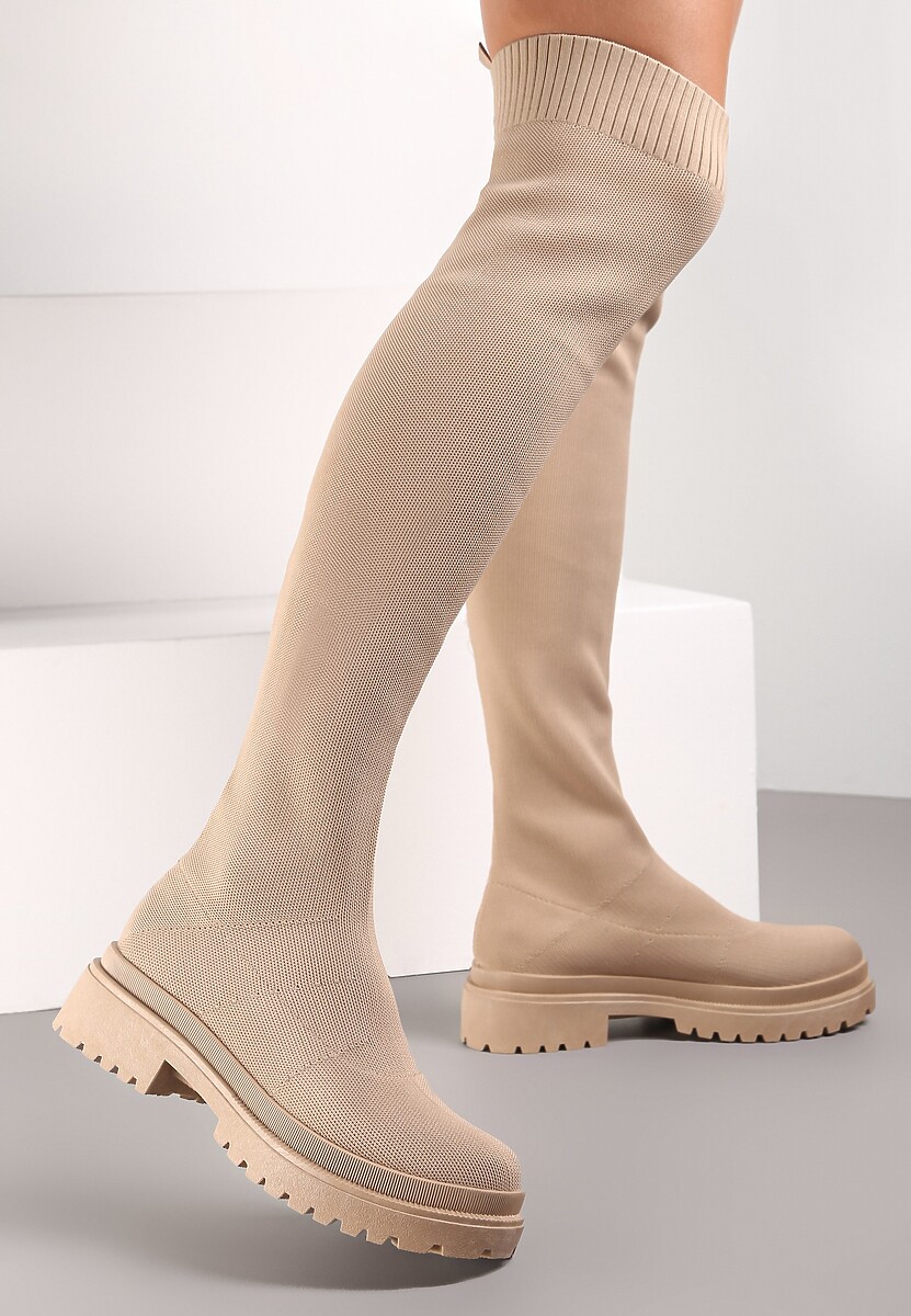 Ciemnobeżowe Kozaki z Elastyczną Cholewką za Kolano Maisah