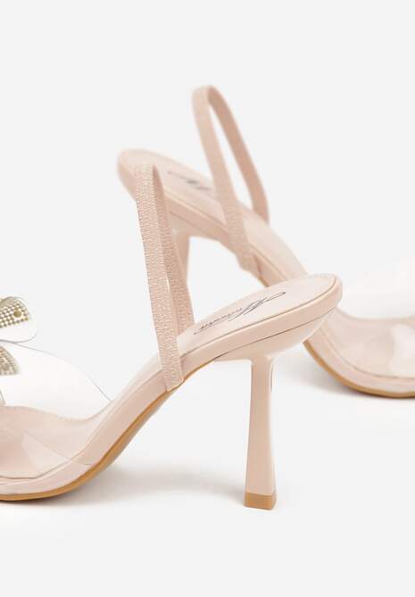 Beżowe Transparentne Sandały na Klepsydrowej Szpilce z Kokardą i Cyrkoniami Feralia