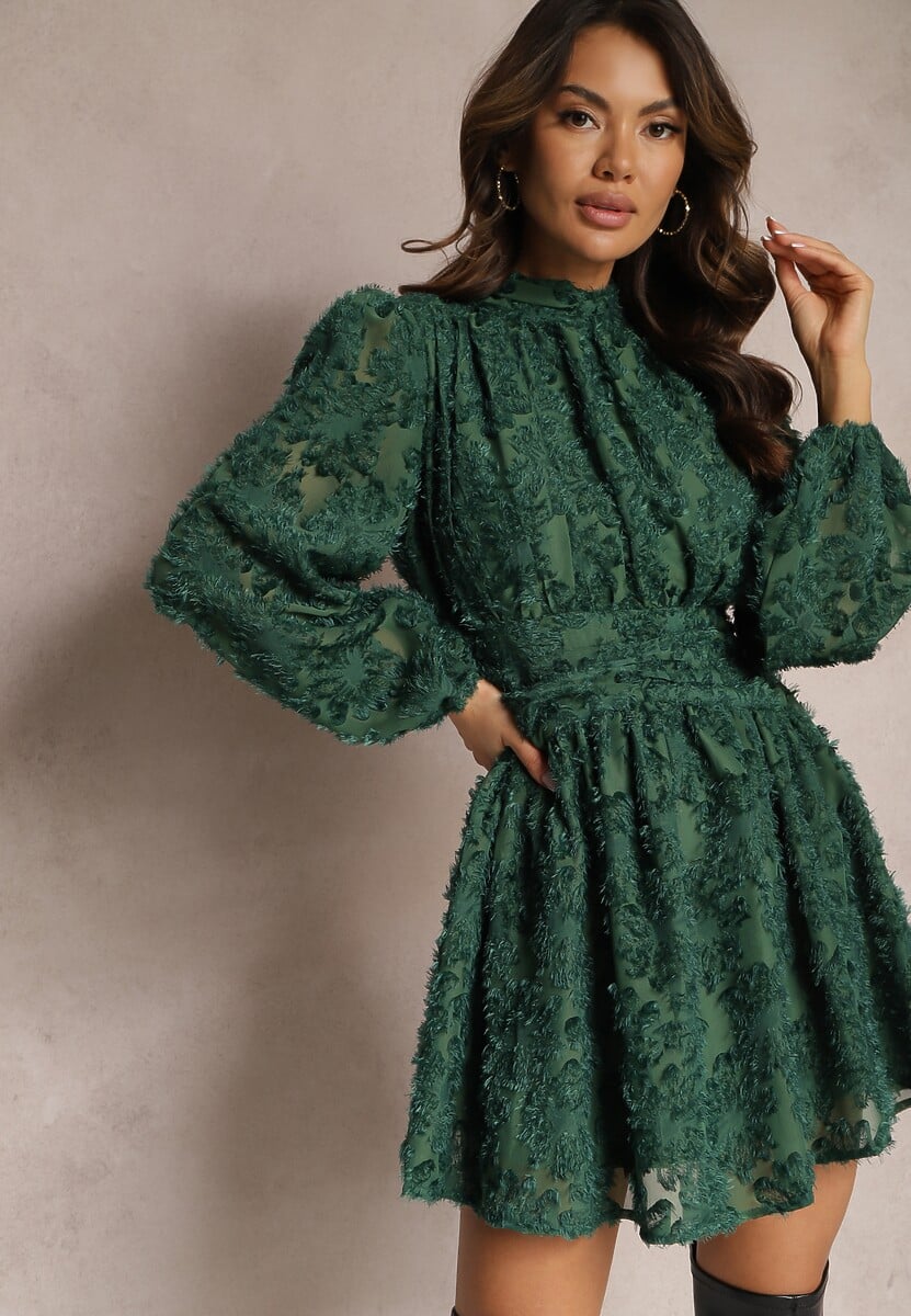 Bordowa Koronkowa Sukienka Mini z Gumką w Pasie Netta