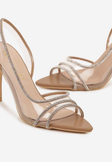Ciemnobeżowe Sandały Vices na Szpilce ze Skórzaną Wkładką z Cyrkoniami Arnellie