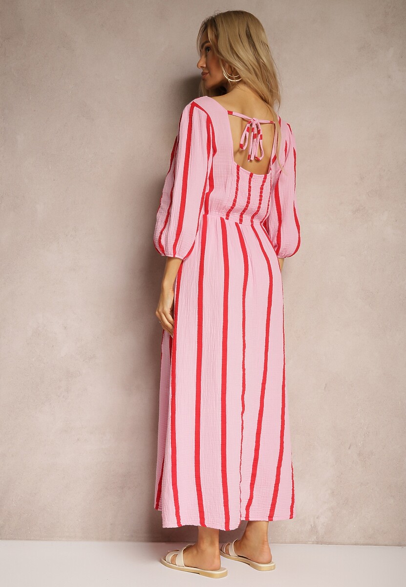 Różowo-Pomarańczowa Bawełniana Sukienka w Paski o Rozkloszowanym Kroju Legelia