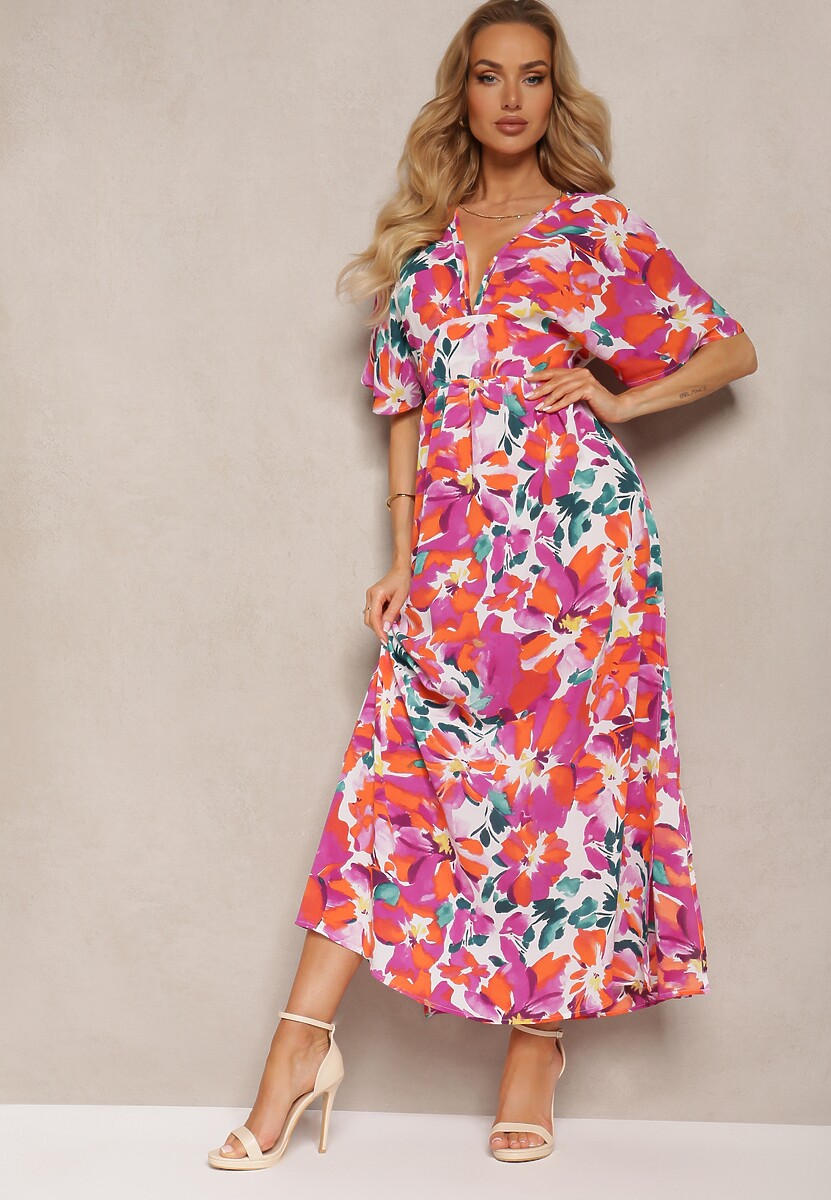 Biało-Różowa Kwiecista Sukienka o Rozkloszowanym Fasonie z Rozcięciami po Bokach Moariel