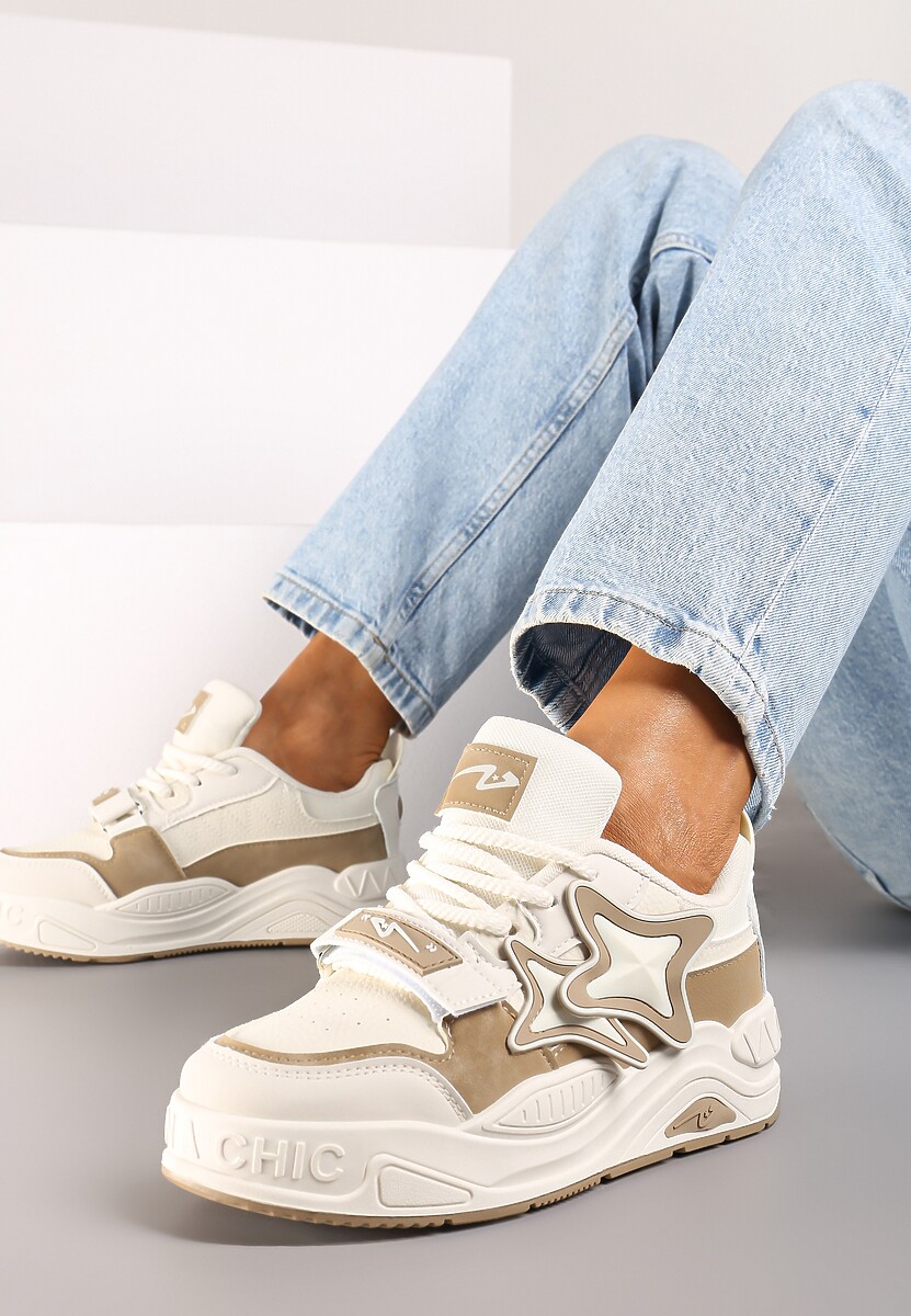 Ciemnobeżowe Sneakersy na Platformie z Grubymi Sznurowadłami i Zapięciem na Rzep Arlaia