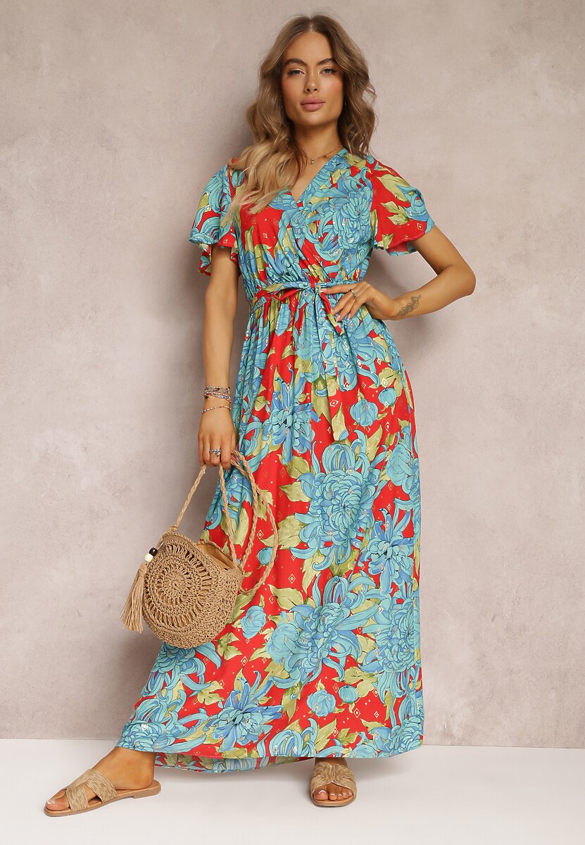 Niebiesko-Czerwona Wiskozowa Sukienka Maxi z Kopertowym Dekoltem z Gumką w Talii Lynette