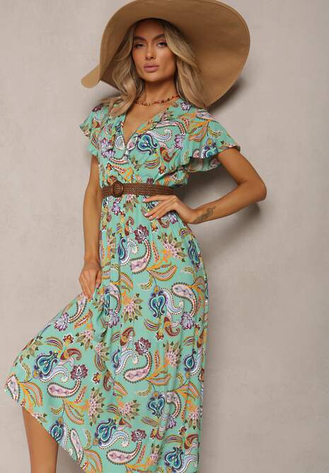 Miętowa Letnia Sukienka z Gumką w Talii z Wiskozy Ozdobiona Wzorem Paisley Uviana
