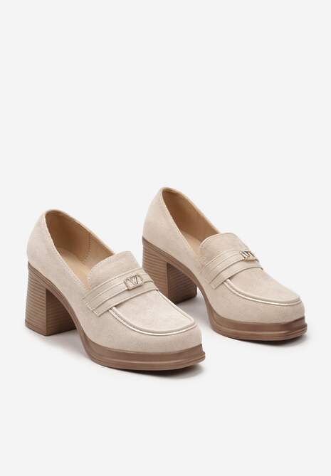 Beżowe Półbuty w Stylu Mokasynów na Słupku z Klamerką Amledis