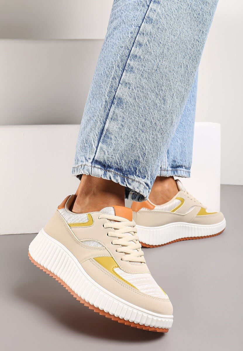 Beżowe Sneakersy na Ozdobnej Grubej podeszwie z Brokatem Gelnia