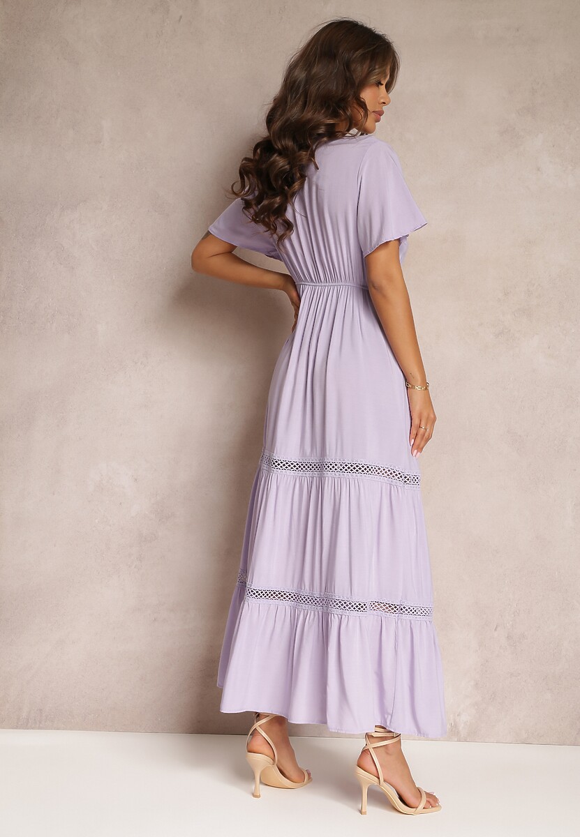 Fioletowa Rozkloszowana Sukienka Maxi z Gumką w Talii i Koronkowym Dekoltem Cheteia